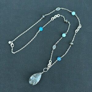 LOFT long beaded necklace, silver/blue/green with clear pendant